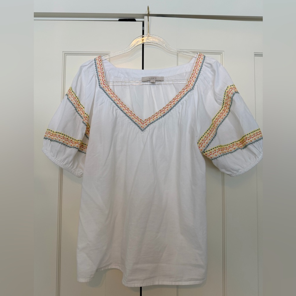 LOFT White Blouse with Multicolor Embroidery